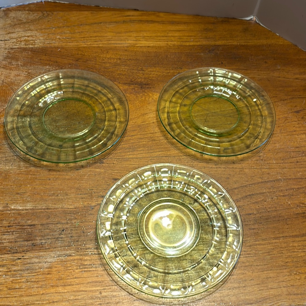 Vintage Anchor Hocking block optic green uranium glass lot of (3) 6 1/4” plates